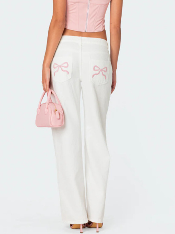 Bow Embroidered Fashion Casual Non-Stretch Straight Trousers