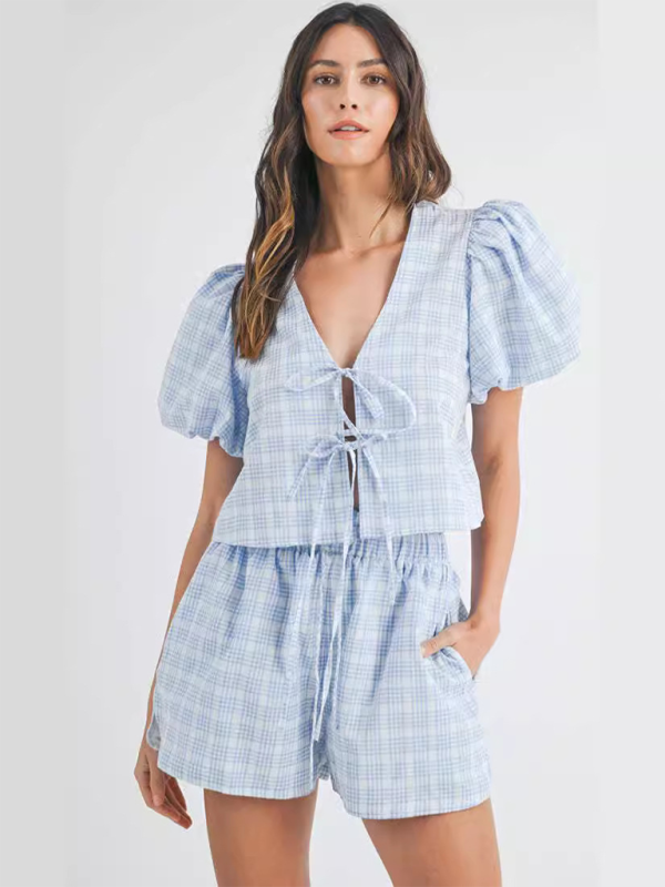 V-neck tie bow puff sleeve top casual shorts plaid two-piece suit