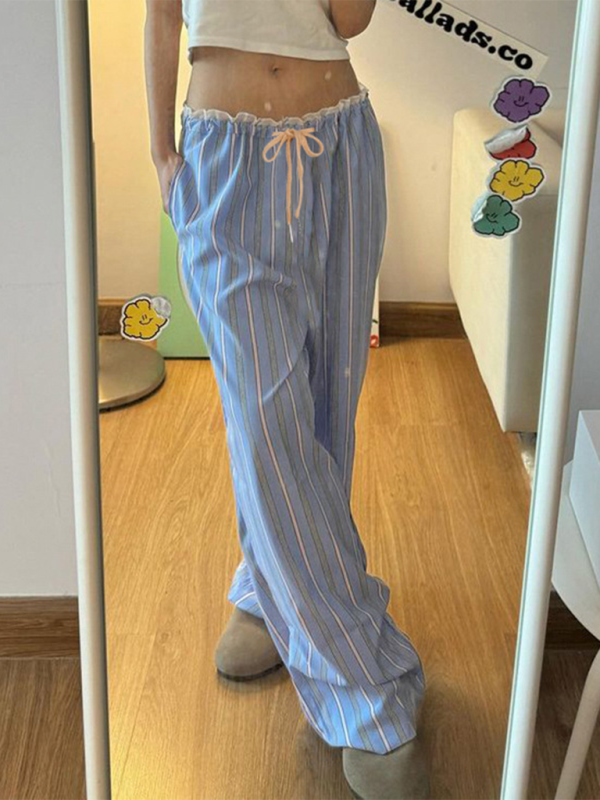 New holiday style striped lace stitching casual pants hot girl elastic waist straight loose trousers