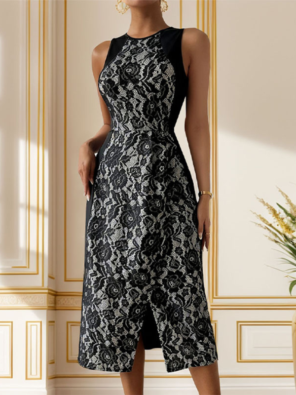 New elegant high waist sleeveless printed slit dress