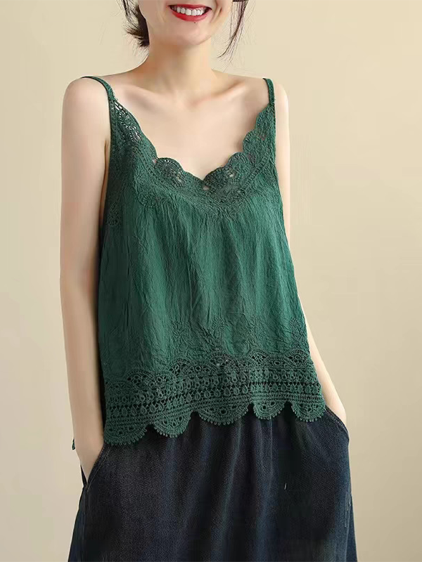 Cotton and Linen Vest Women's Retro Outerwear Suspenders Embroidered Lace Hollow Top