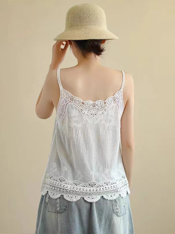 Cotton and Linen Vest Women's Retro Outerwear Suspenders Embroidered Lace Hollow Top
