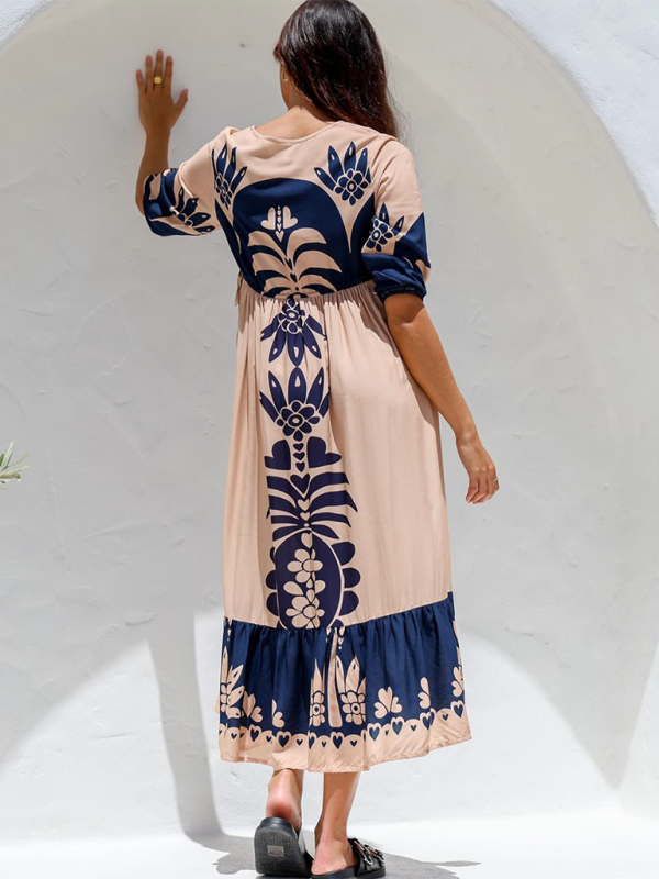 Women's Printed Drawstring Dress Half Sleeve Fashion Loose Casual Dress