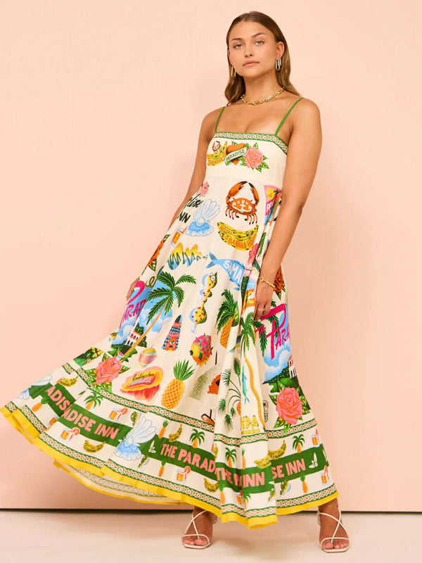 New Sexy Vacation Ocean Printed Sling Swing Dress