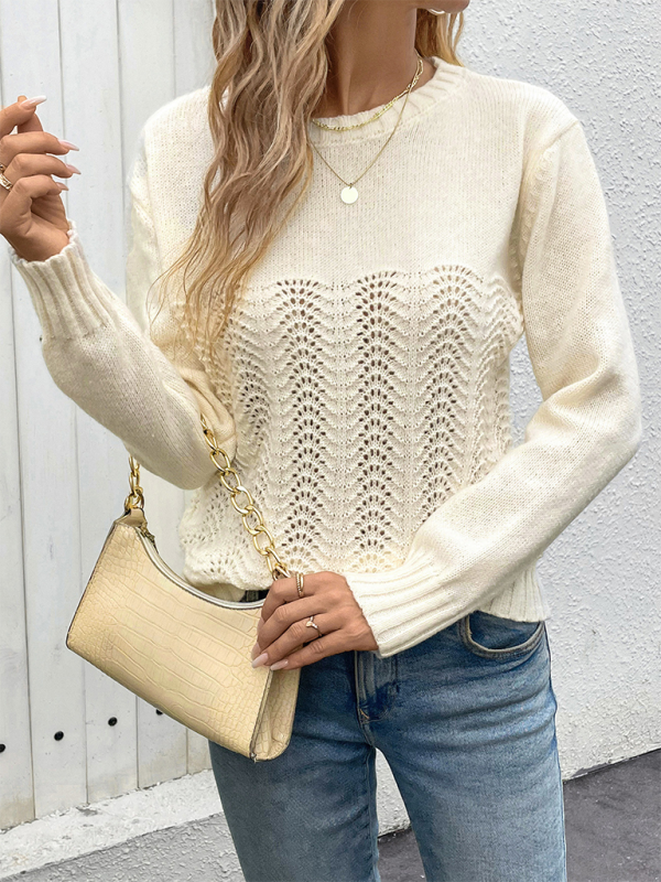 New Simple Round Neck Long Sleeve Hollow Sweater