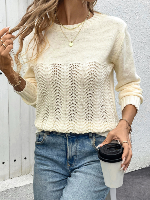 New Simple Round Neck Long Sleeve Hollow Sweater