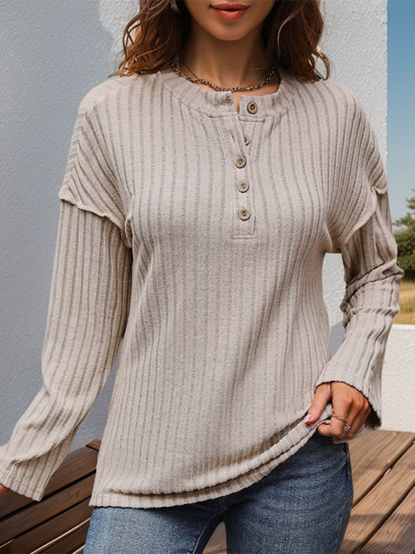 New button round neck ribbed simple casual ladies t-shirt top