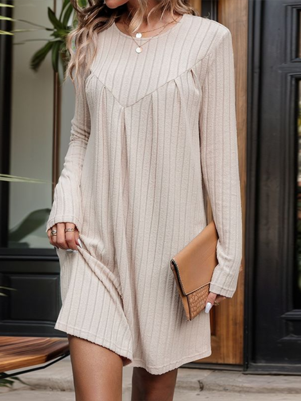 New style brushed striped knitted skirt long sleeve pleated patchwork dress