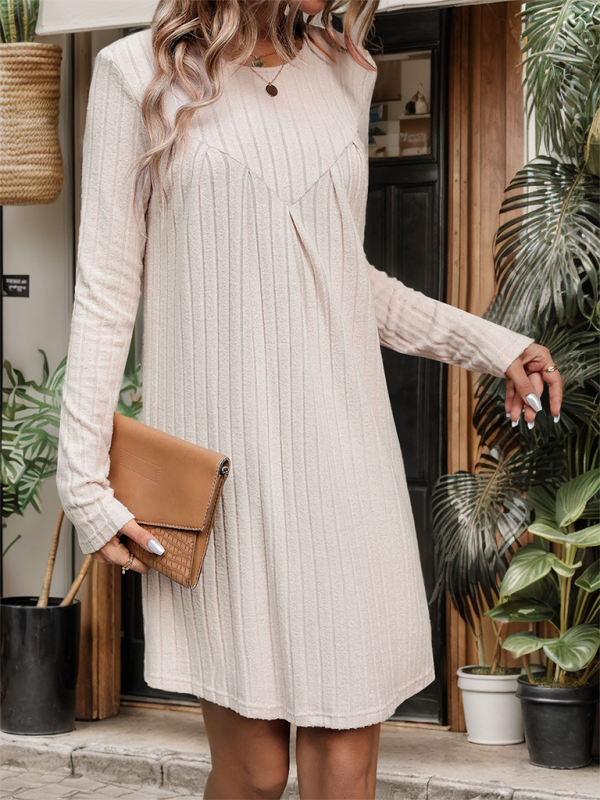 New style brushed striped knitted skirt long sleeve pleated patchwork dress