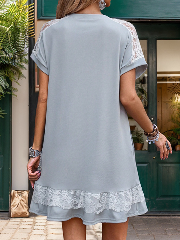 New lace stitching solid color T-shirt dress