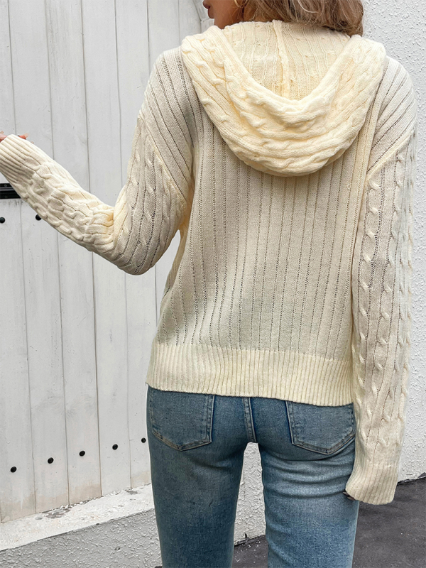 New Simple Hooded Cable Solid Color Cardigan Sweater
