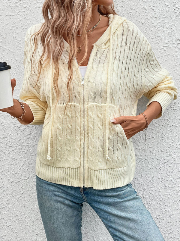 New Simple Hooded Cable Solid Color Cardigan Sweater