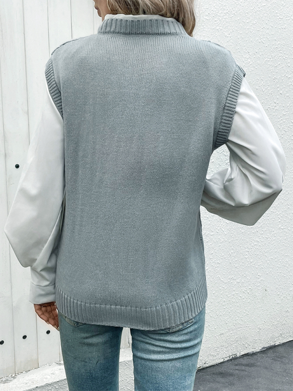 New Simple Cable V-neck Solid Color Sweater Vest