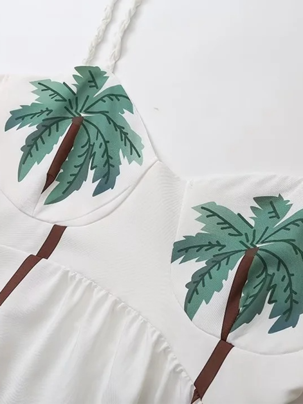 New Women's Coconut Tree Pattern Pleated Sleeveless Tank Top A-Line Suspender Maxi Dress