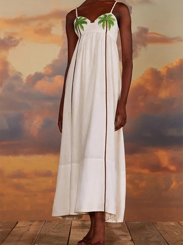 New Women's Coconut Tree Pattern Pleated Sleeveless Tank Top A-Line Suspender Maxi Dress