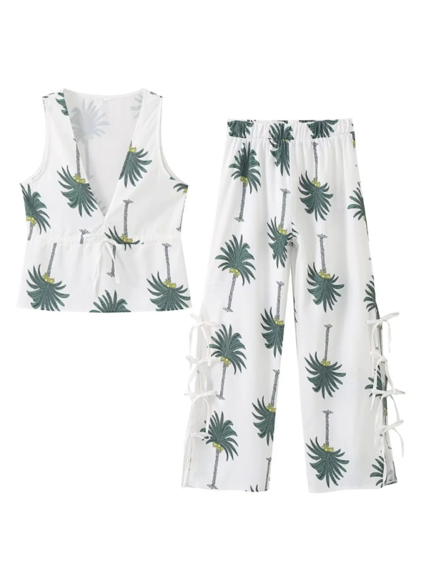 New Women's V-neck Holiday Coconut Tree Print Sleeveless Vest Top Trousers Set