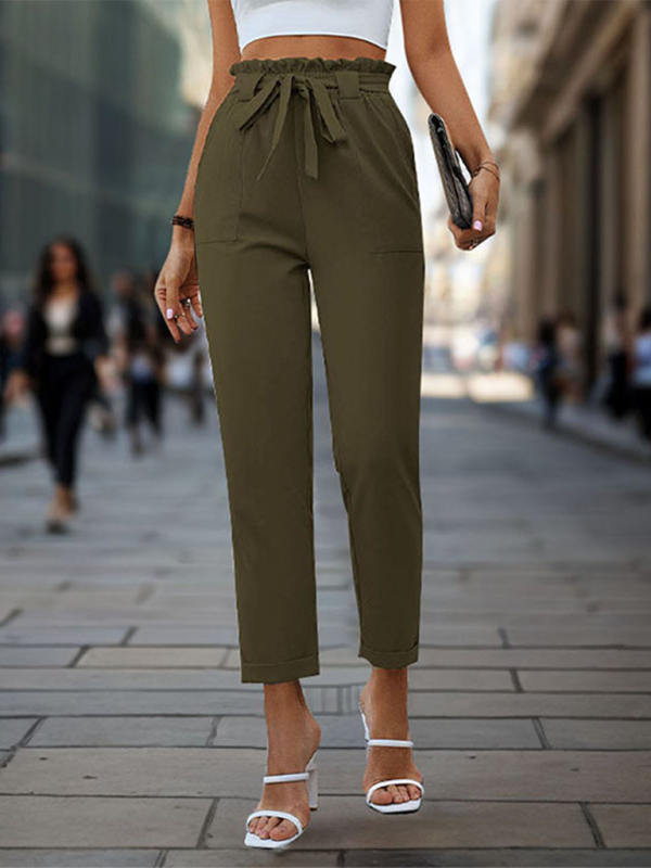 New solid color lace-up elastic waist trousers simple temperament commuter tapered trousers
