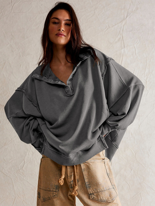 Women's Lantern Sleeve Decorative Lines Split Lapel Loose Sweatshirt