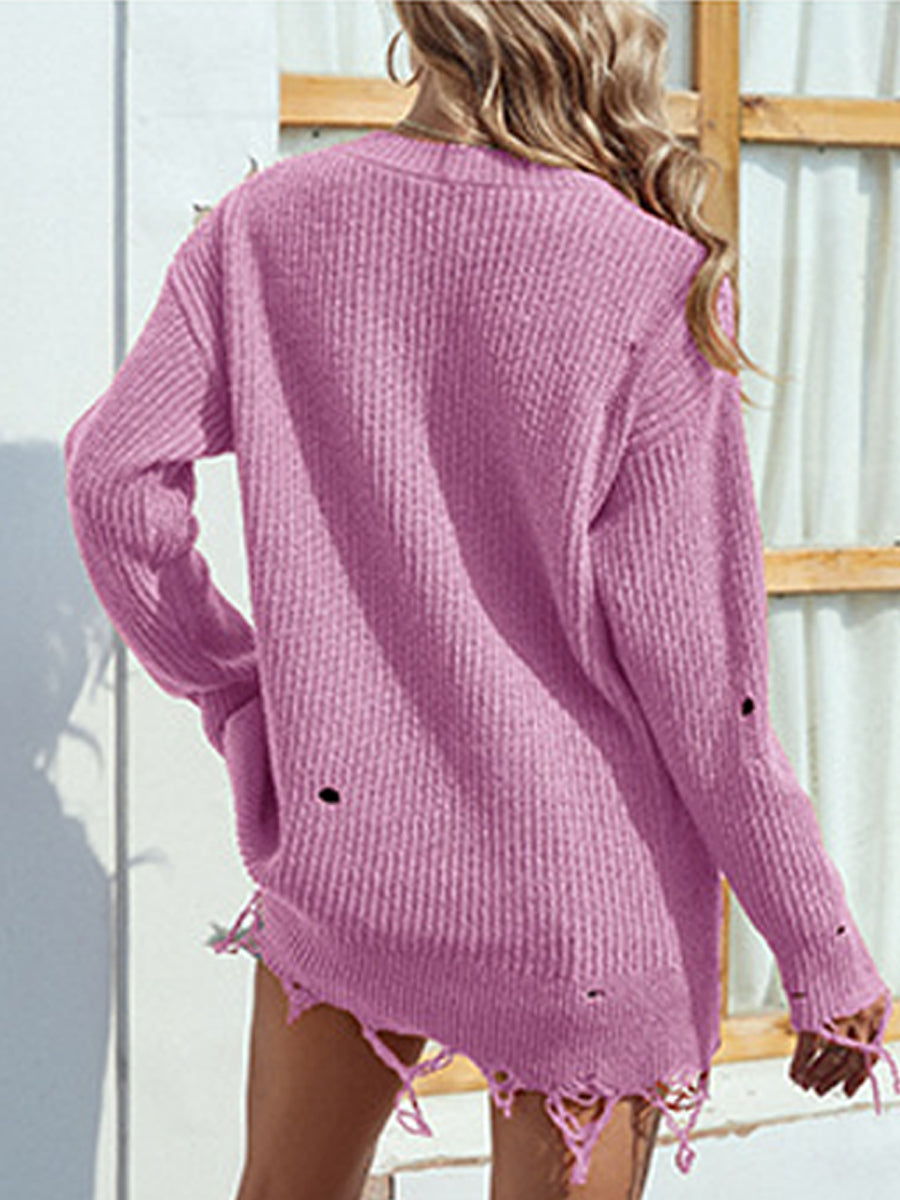 Distressed V-Neck Drop Shoulder Sweater