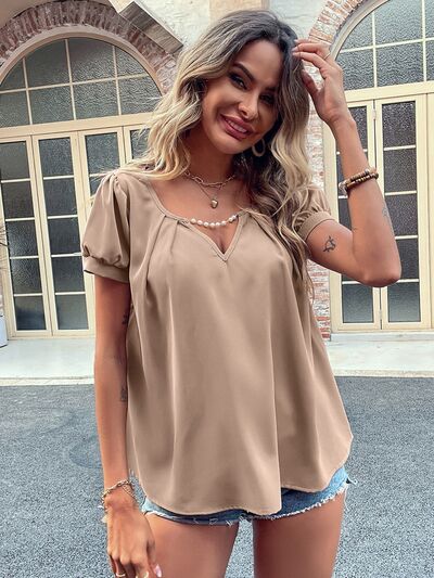 Pearl Detail Notched Short Sleeve Blouse