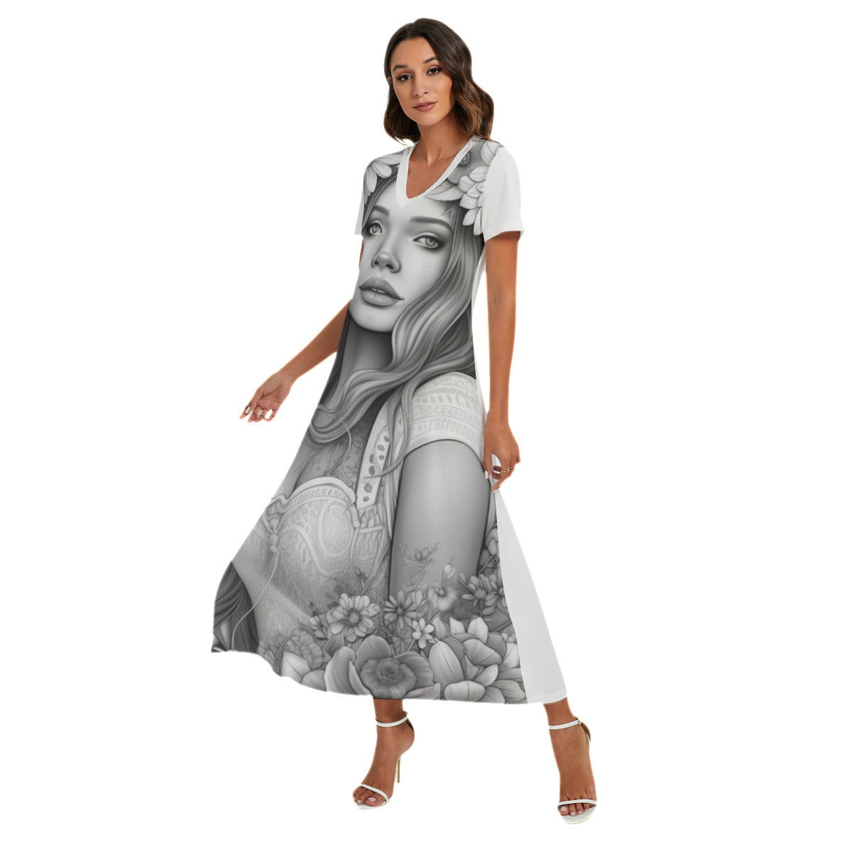 All-Over Print Women's V-neck Dress With Side Slit