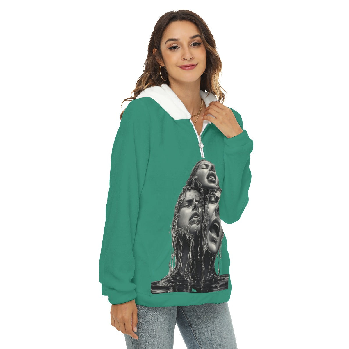 All-Over Print Women's Borg Fleece Hoodie With Half Zip