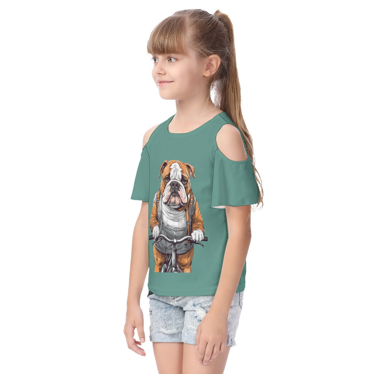 All-Over Print Kid's Cold Shoulder T-shirt With Ruffle Sleeves