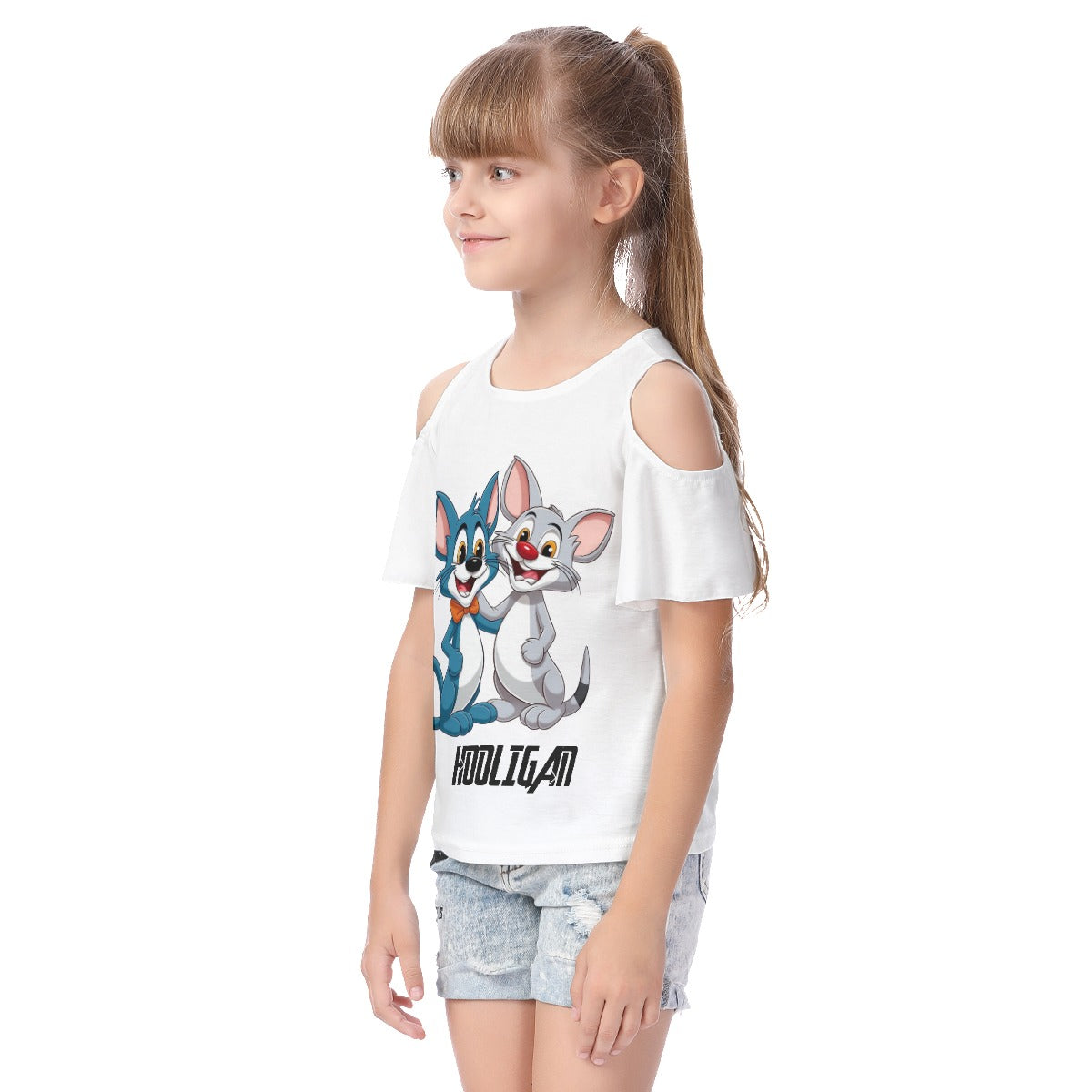 All-Over Print Kid's Cold Shoulder T-shirt With Ruffle Sleeves