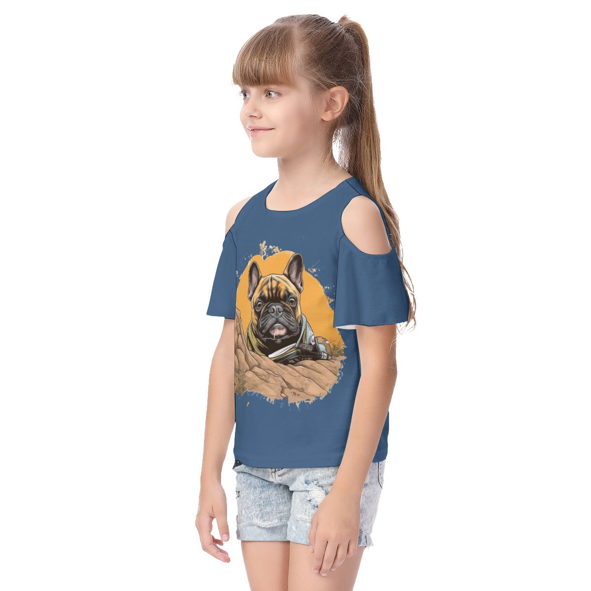 All-Over Print Kid's Cold Shoulder T-shirt With Ruffle Sleeves