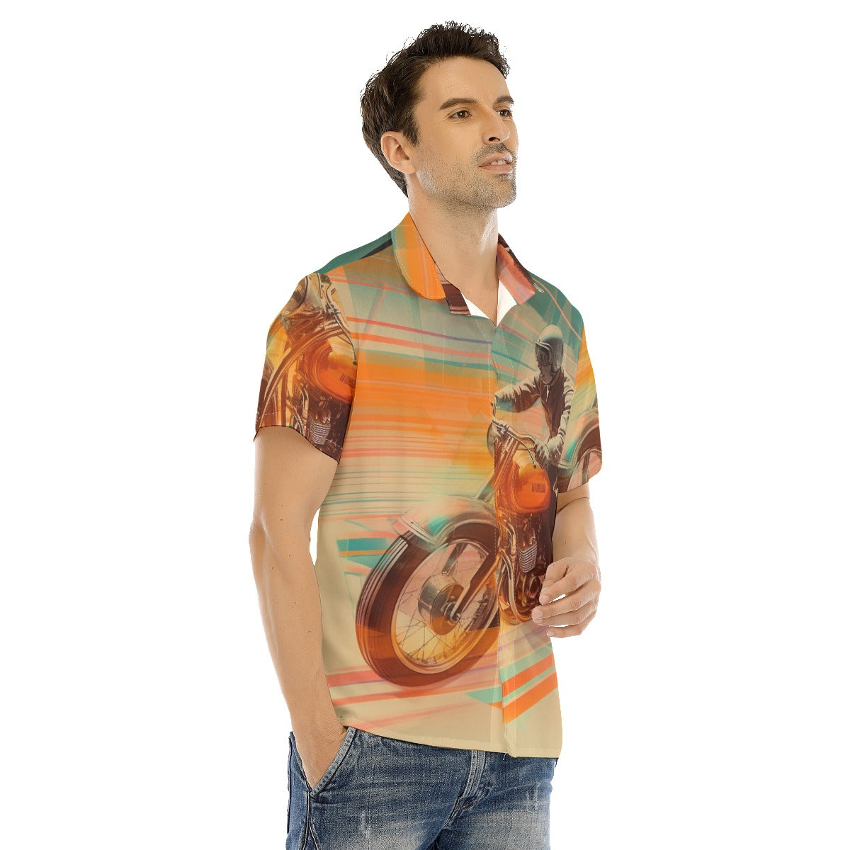 All-Over Print Men's Lapel Collar Short Sleeve T-shirt With Concealed Placket