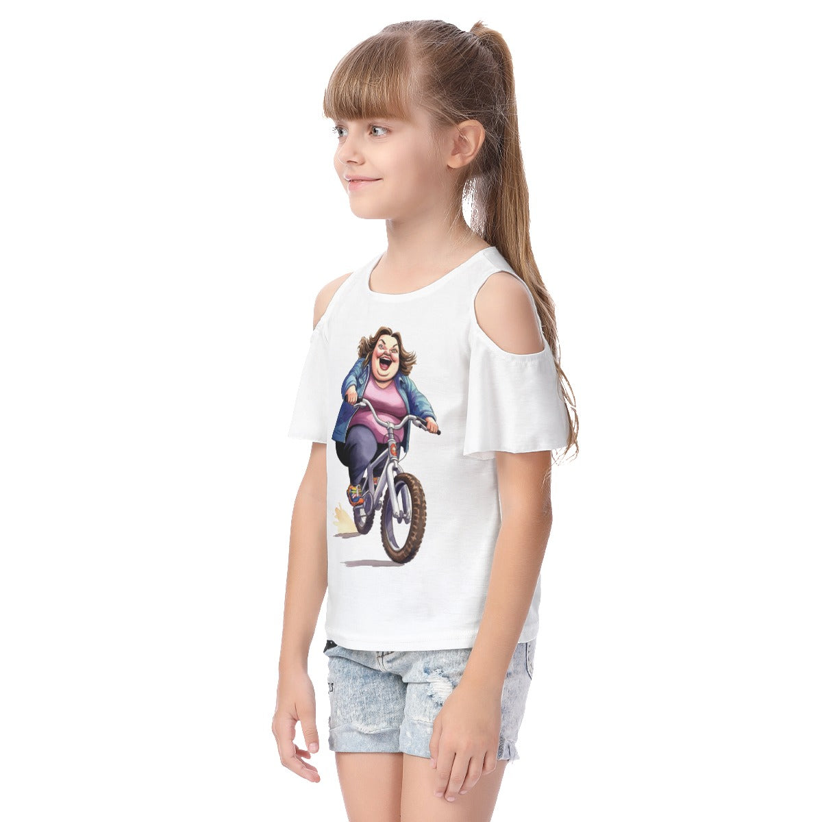 All-Over Print Kid's Cold Shoulder T-shirt With Ruffle Sleeves