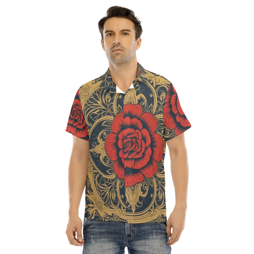 All-Over Print Men's Lapel Collar Short Sleeve T-shirt With Concealed Placket