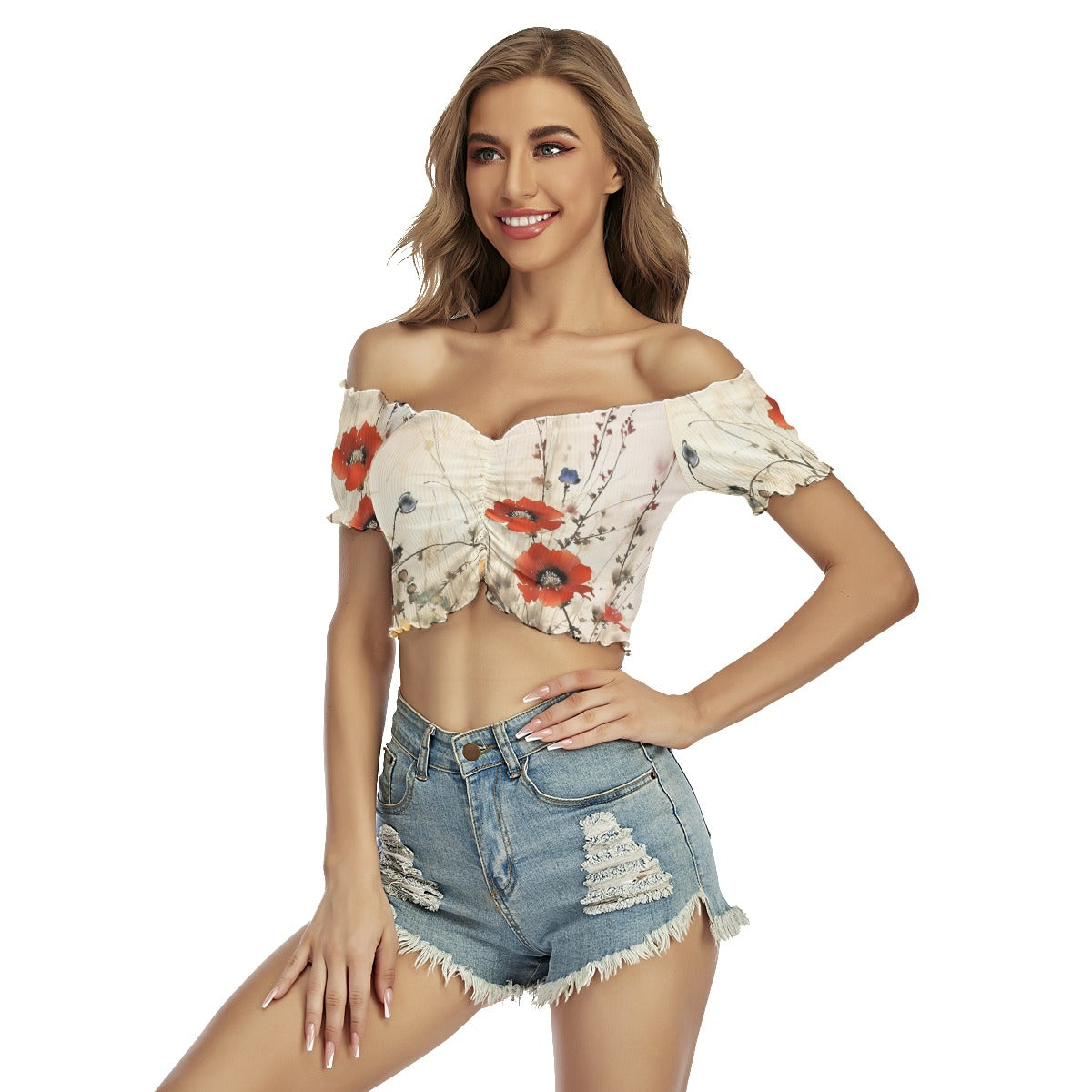 All-Over Print Women's One-shoulder Off-the-navel Short Sleeve T-shirt