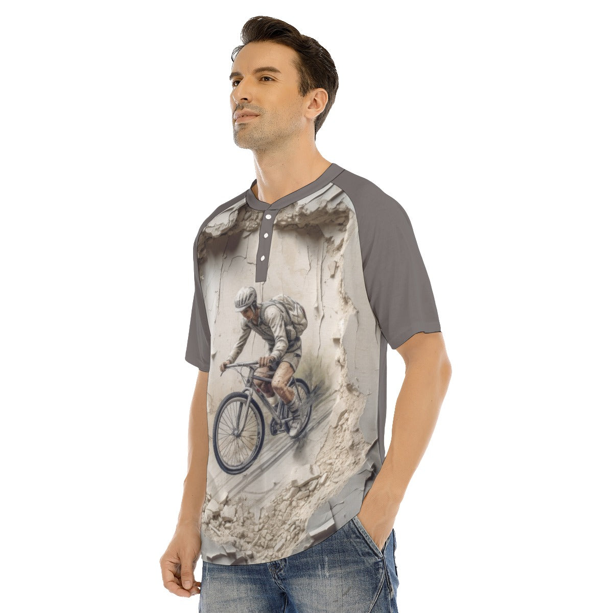 All-Over Print Men's Raglan Sleeve T-shirt With Button Closure