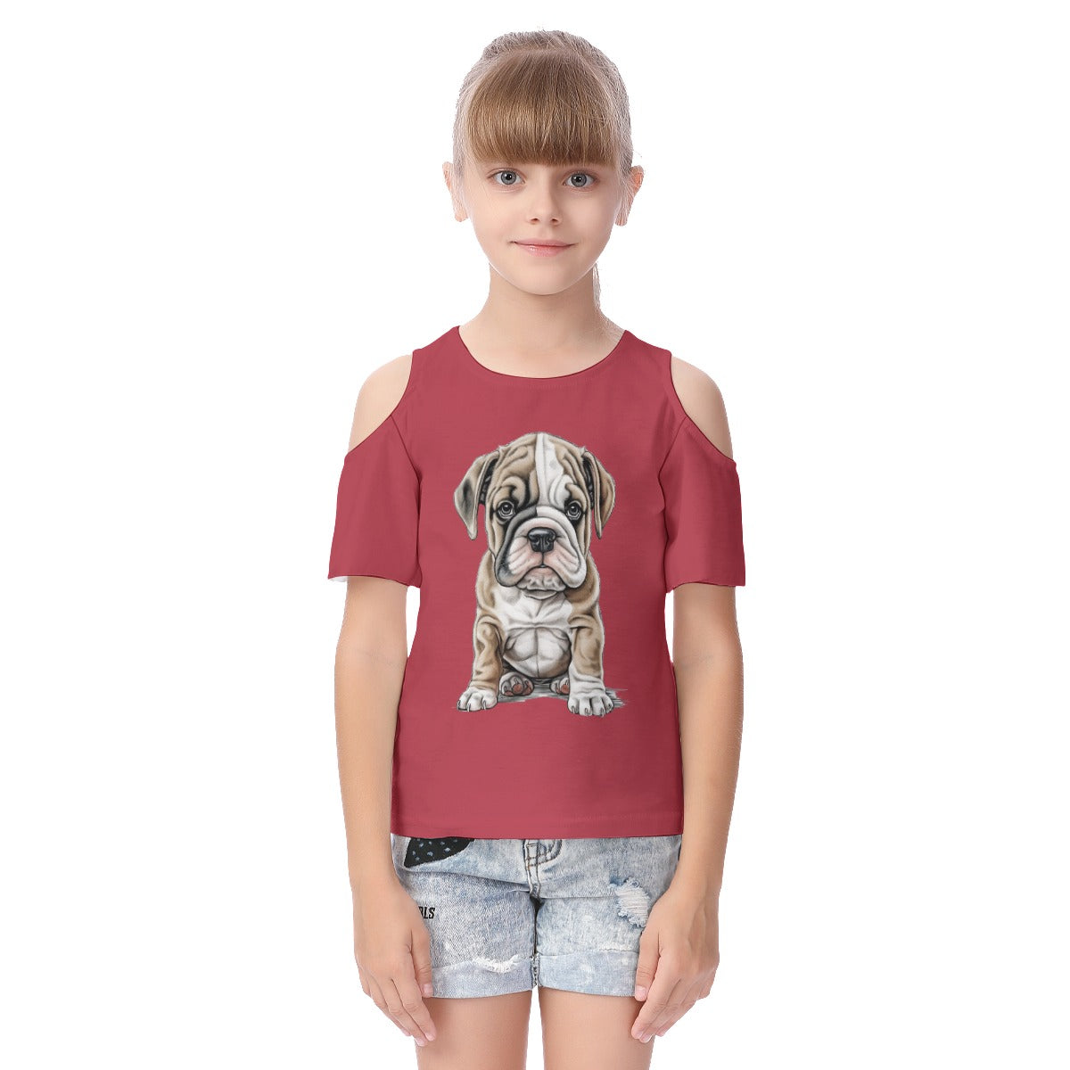 All-Over Print Kid's Cold Shoulder T-shirt With Ruffle Sleeves