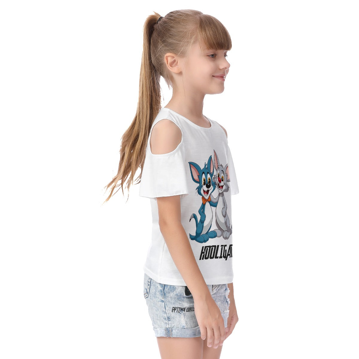 All-Over Print Kid's Cold Shoulder T-shirt With Ruffle Sleeves