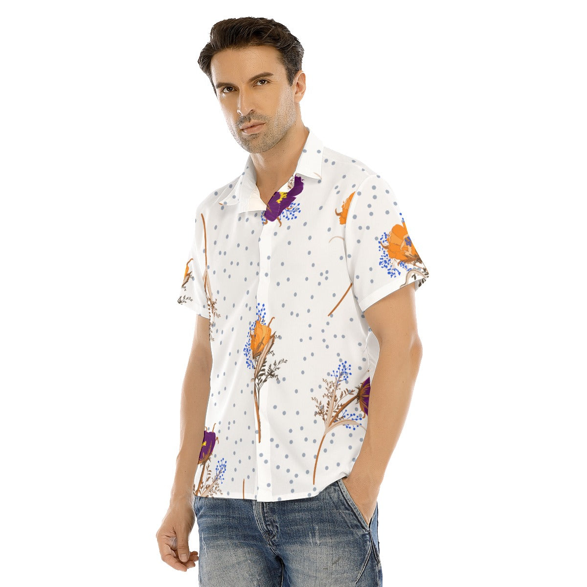 All-Over Print Men's Lapel Collar Short Sleeve T-shirt With Concealed Placket