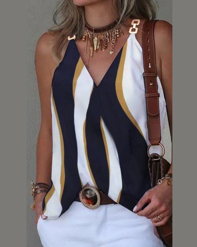 Simple V-neck Metal Buckle Printed Vest Top Women