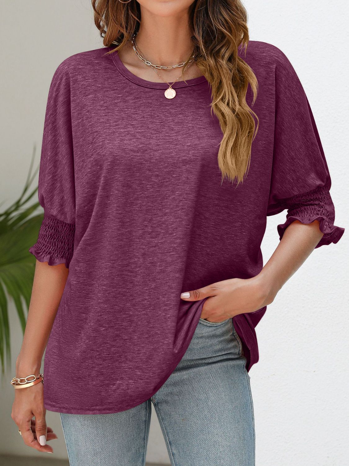 Smocked Flounce Sleeve Round Neck T-Shirt