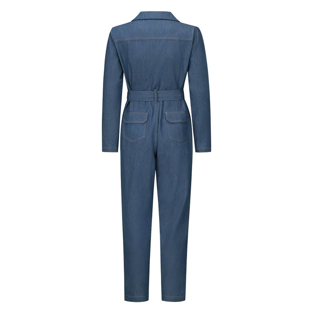 Women's Long Denim Jumpsuit Sexy Long-sleeve Rompers with Pockets