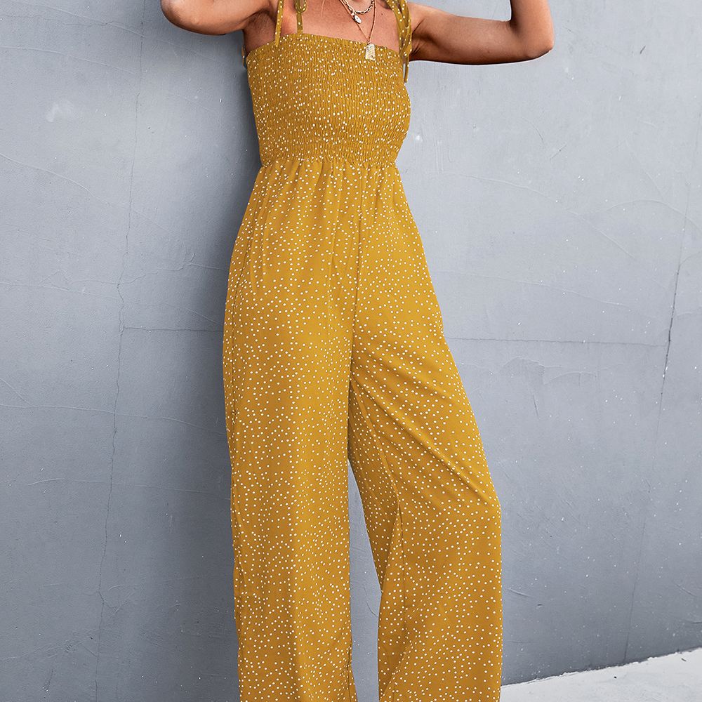 Polka-dot Lace-up Wide-leg Casual Jumpsuit Fashion Suspenders Pant