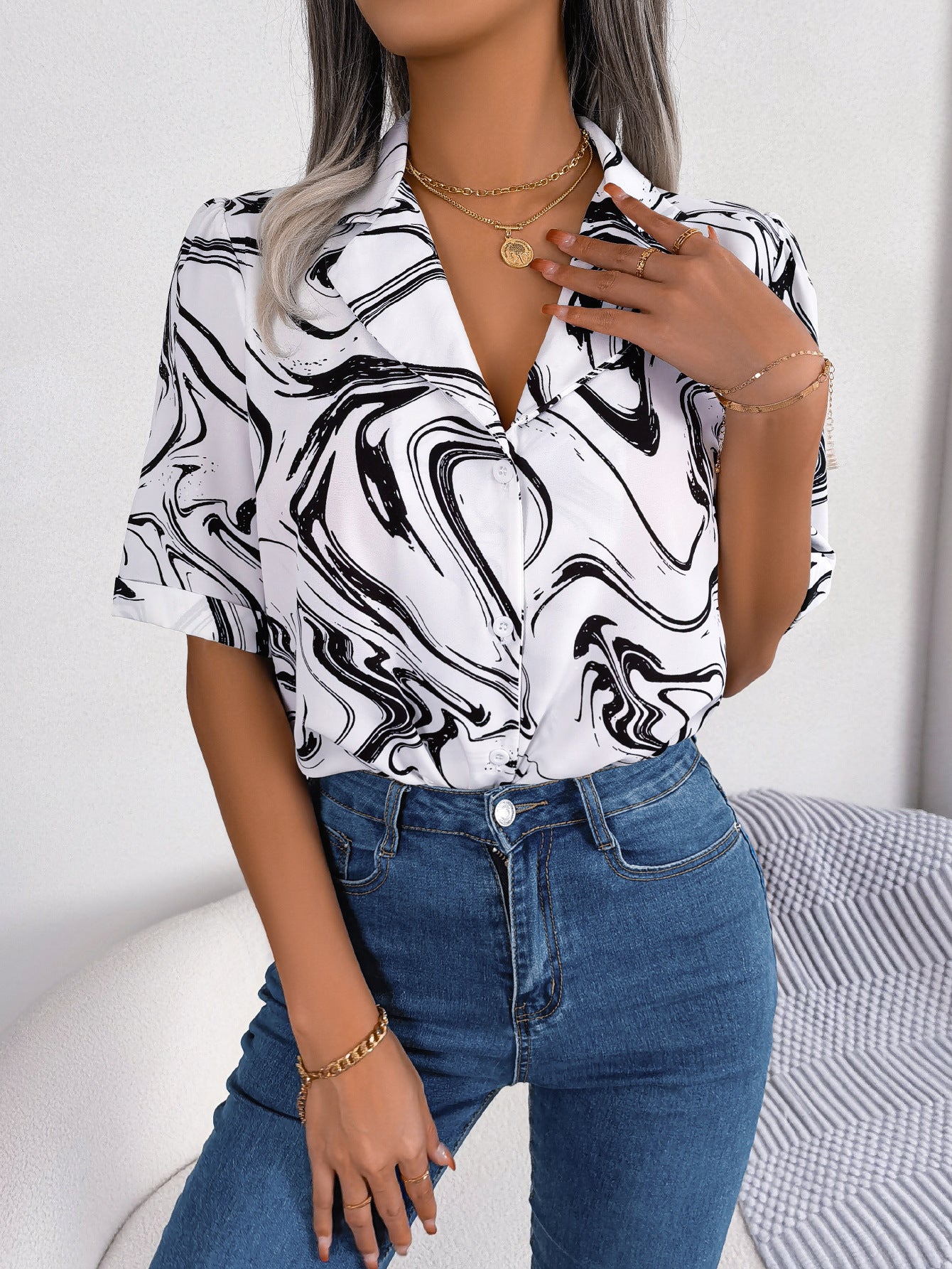 Printed Lapel Collar Shirt