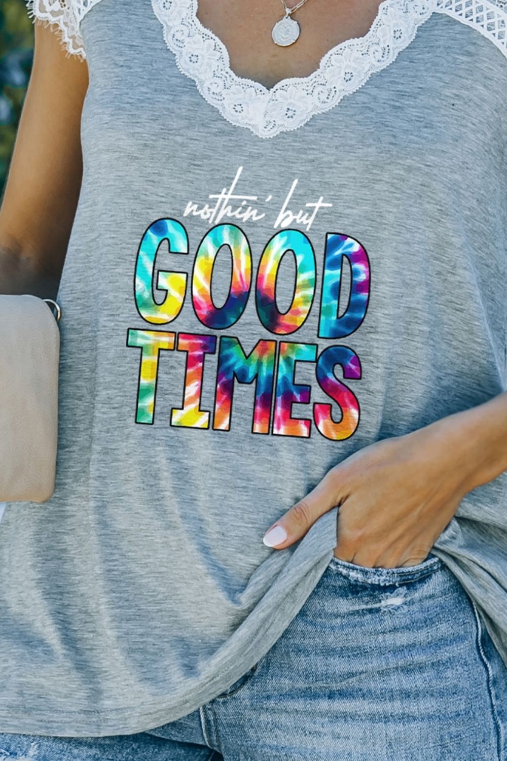 Lace Trim V-Neck NOTHIN BUT GOOD TIMES Graphic Tee