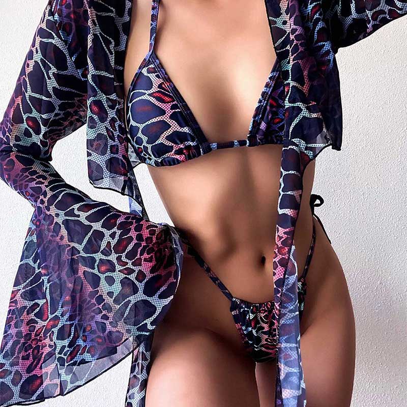 Women's Dark Leopard Printing Bikini & Smock Set Splitting Bathing Suit