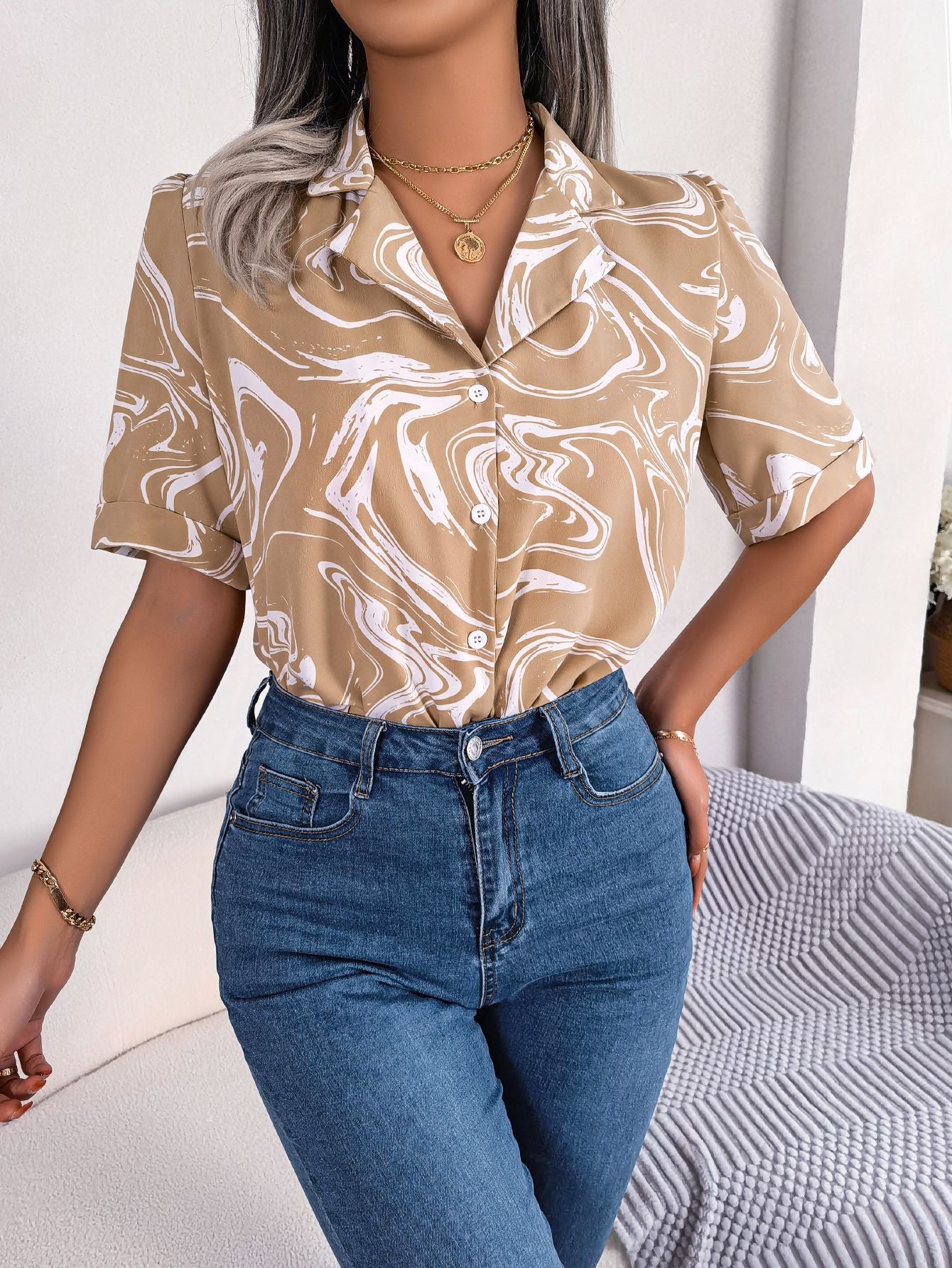 Printed Lapel Collar Shirt