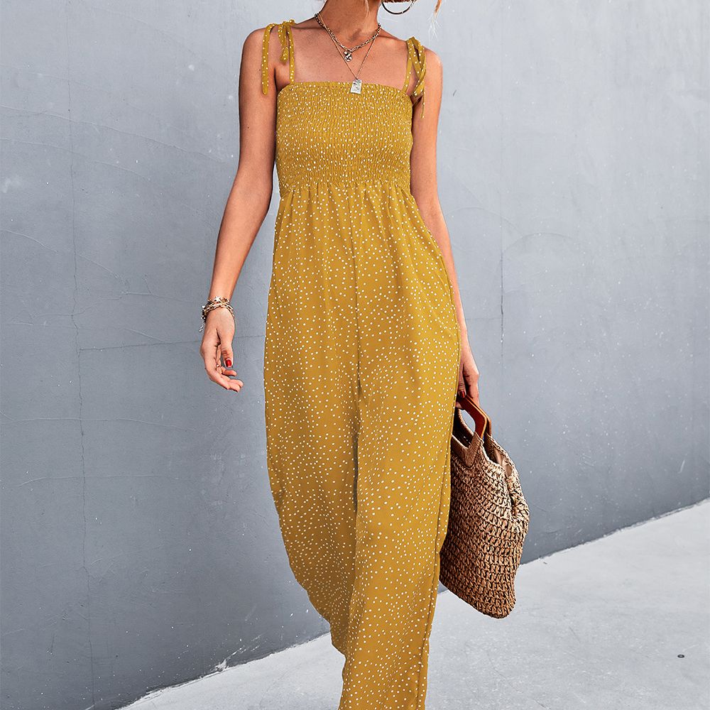 Polka-dot Lace-up Wide-leg Casual Jumpsuit Fashion Suspenders Pant