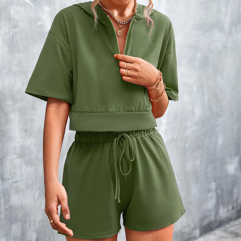 Solid Color Hooded Tracksuit Zip Casual Shorts Set