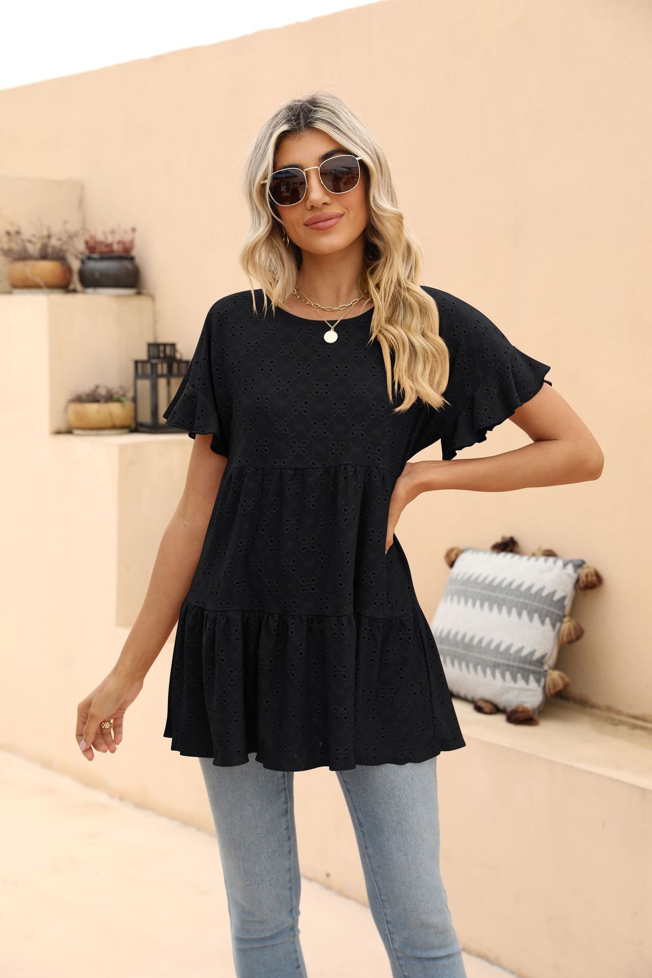 Openwork Round Neck Flounce Sleeve Blouse