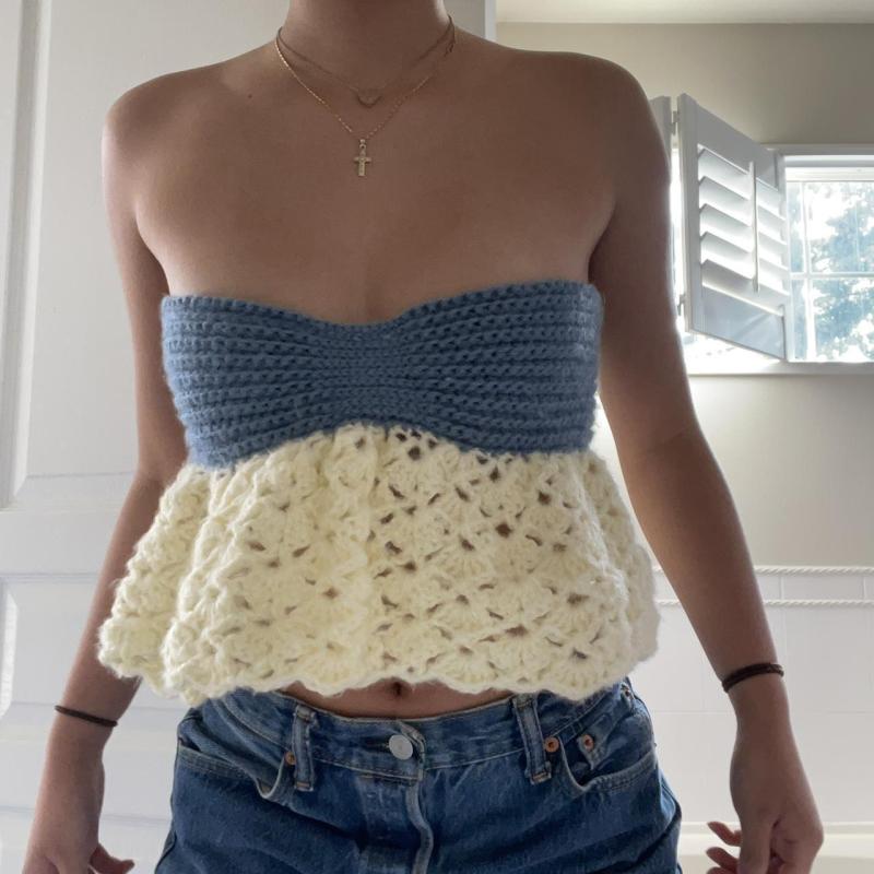 Women's color-block tube top vest sexy one-shoulder straps backless hot girl knitted sweater top