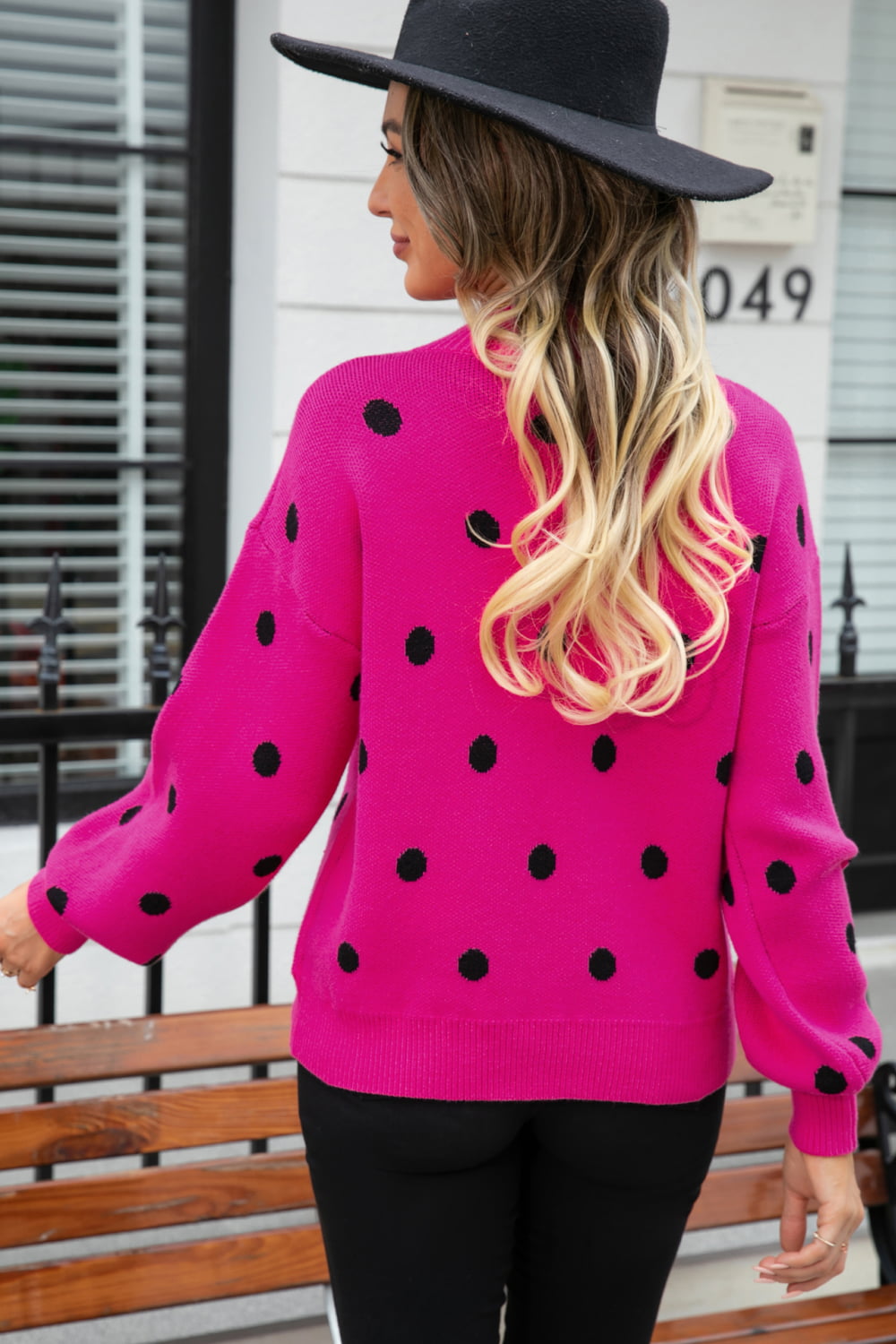 Polka Dot Round Neck Dropped Shoulder Sweater